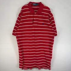 古着 90's/90年代 ポロバイラルフローレン Polo by Ralph Lauren 鹿の子 半袖 ポロシャツ ロゴ 刺繍 2ボタン L  レッド ボーダー メンズ