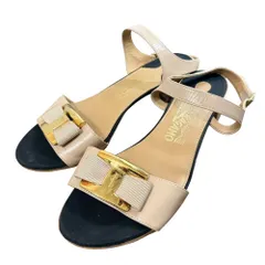 良品 Salvatore Ferragamo サルヴァトーレフェラガモ レザー ヴァラ リボン ストラップサンダル 7 1/2 24.5cm ベージュ×ブラック レディース 古着 中古 USED