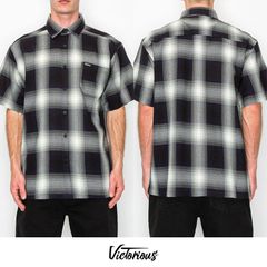 VICTORIOUS LA PLAID SHIRTS【NAVY】 (M・L・XL)(ヴィクトリアス 通販 メンズ 大きいサイズ チェックシャツ プレイドシャツ オープンシャツ ボタンシャツ 半袖 ショートスリーブ ネイビー 紺