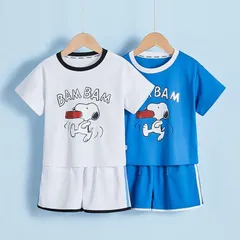✨新品✨子供服 スヌーピー BAM BAM Tシャツ ショートパンツ 上下セット 半袖 夏服 男の子 女の子 カジュアル スポーツウェア 速乾 トレーナー2色展開 ブルー ホワイト 100 110 120 130サイズ キッズ