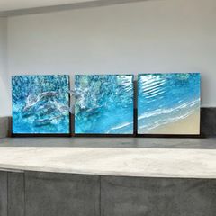 <イルカの群れ3連ボード> N009 超立体  沖縄の海 レジンアートボード　美ら海　オーシャンアート