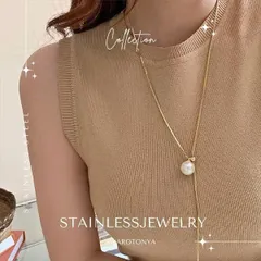 ステンレス パール ラリエット ネックレス / ゴールド シルバー Ｙ字デザイン 大人可愛い 上品 デイリー 安心 金属アレルギー プレゼント パーティー ジュエリー アクセサリー ニッケルフリー 女性 スワロ問屋 上品×モダンなパールネックレス