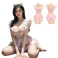 MORApink メイド服 コスプレ ピンク 大きいサイズ セクシー ミニ丈 ロリータ ワンピース かわいい フリル ベビードール ランジェリー