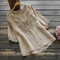 Tシャツ 大きいサイズ ゆったり 刺繍 夏 ビーズ 通気性 薄手 エスニック風 レディース 2023新作 M241228-10