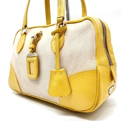 【良品】 PRADA プラダ ハンドバッグ  トートバッグ ボストンバッグ ネームタグ 三角プレート キャンバス レザー 革 ベージュ 肌色 イエロー 黄色 ユニセックス 男女兼用 メンズ レディース