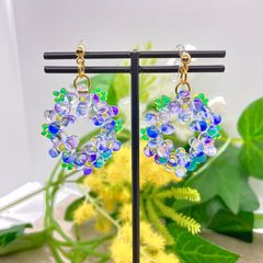 チェコビーズのノンホールピアス あじさい ハンドメイド