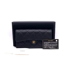 【中古】良品 CHANEL シャネル マトラッセ ココマーク キャビアスキン 二つ折り 長財布 eY07125A