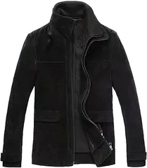 FLAVOR メンズ スエード レザージャケット クラシック 取り外し可能な襟付き アウトドア( ブラック,  S)