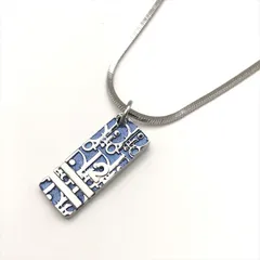 良品 Christian Dior ディオール トロッター ロゴ プレート ネックレス シルバー ナンバー2 ライトブルー a10046