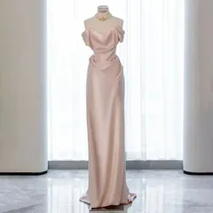 イブニングドレス パーティードレス ロングドレスキャバドレス演奏会 大人 ピアノ 発表会 オフショルダー ドレス  タイト ベージュ系 マーメイドライン 0910