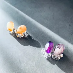 【SALE　3180円➡︎2180円】マーブルが美しい2月誕生石アメジストと7月誕生石カーネリアンの大人可愛い天然石一粒スタッドピアス・ハンドメイド・一点物・送料無料