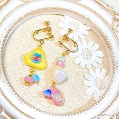 春カラー　ポップ　刺繍イヤーアクセサリー