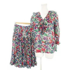 イヴサンローラン YVES SAINT LAURENT ヴィンテージ セットアップ 上下 七分袖 ブラウス ロング スカート フリル 花柄 ロゴ 総柄 M S 青 ブルー /MN8 ■GY18