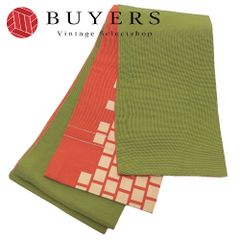 【中古】 半幅帯 正絹 抹茶色 クリーム系 オレンジレッド系 くすみカラー 小袋帯 モダン 幾何学的 和装 呉服 和服 きもの レディース 女性