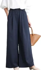 L_ネイビー [1/2plus] ワイド パンツ ズボン ウエスト ゴム ワイド ガウチョ ロング ゆったり タック コーデ イージー スタイル レディース (L, 紺)