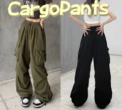 カーゴパンツ カーキ ワイド ストリート ダンス アウトドア ウエストゴム レディース