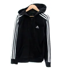 アディダス adidas ジャケット パーカー ミドル丈 ジップアップ ライン ロゴ刺繍 XS 黒 ブラック オフホワイト /HO33