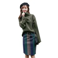 ３色カラーのタイトスカート ベルト付き 膝丈 ストライプ柄 レディース ダークグリーン ネイビー　ブラウン　スカート　お洒落　可愛い　タイト　女性　タイトスカート