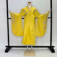 二尺袖 単品 卒業式着物 黄色 裄68cm Lサイズ  袴用着物 化繊 中古 4557