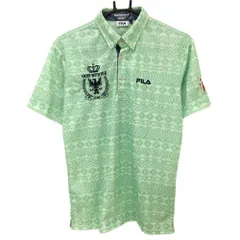 【超美品】フィラゴルフ 半袖ポロシャツ ライトグリーン×グリーン系 総柄 ボーダー調 ボタンダウン メンズ M ゴルフウェア FILA GOLF