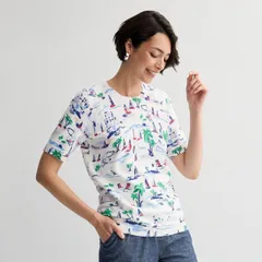 【送料無料】 クロフト＆バロー レディース ニット・セーター アウター Women's Croft & Barrow Printed Elbow Sleeve Pullover Top Blue Calm Scenic