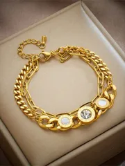 ジュエリー レディース ブレスレット チェーン 2層の太めのレトロかつファッショナブルなステンレススチールブレスレット、ローマ数字ペンダント、貝、ラインストーン装飾 1個