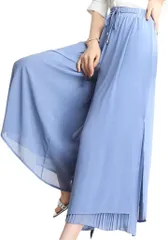 Elixio エリクシオ レディース パンツ ワイドパンツ ガウチョパンツ フレア ゆったり 薄手 きれいめ 夏 春 秋 オフィス デート 大きいサイズ フレアパンツ シフォン 通勤 春夏(ブルー,  S)