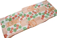 お仕立て上がり単衣の着物-No.309（Ｓ・Ｍ・Ｌ・TL各サイズ/地色：オフホワイト×オレンジ色/洗える/単衣 着物/仕立て上がり/ポリエステル素材/鹿の子地模様）