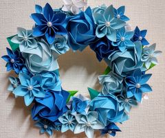 折り紙リース フラワーリース ブルー系 花 薔薇 ハンドメイド 手作り インテリア 雑貨