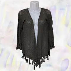 ROSE BUD　ローズバッド　カーディガン　カーキベージュ　レディース　フリンジ　ポンチョ風　ガウン　フロントオープン　透かし編み