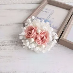 コサージュ＊限定一点＊入学式 卒業式 入園式 卒園式 結婚式 ウェディング 七五三 フォーマル~プリザーブド ローズ バラ あじさい パール チュール~くすみピンク シンプル 控えめ