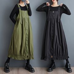 春 デザイン 純色 サロペット ゆったり ミディアム ジップ ワンピース