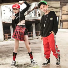 キッズ ダンス衣装 セットアップ ヒップホップ チェック柄 HIPHOP 長袖 練習着 ステージ衣装 子供服 チア スカート パンツ トップス ジャズダンス  vii3u679895