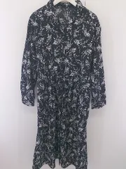 ◇ GLOBAL WORK 花柄 ブラウジング 長袖 膝下丈 シャツ ワンピース サイズ M ブラック ホワイト レディース  【1204260001046】