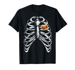 ハロウィン パンプキンと骨 スケルトン コスチューム 男女兼用 Tシャツ