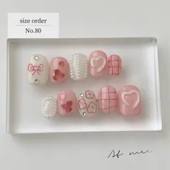 【sizeorder】No.80 ハートネイル オーダー 鉛筆 手書き ピンク チェック 花 リボン パール