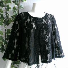 新品 9596 ML カットワーク 刺繍 クロシェ レース フレア ジャケット 春 夏 黒 レディース ノーカラー 七分袖 カーディガン 50代 60代 70代