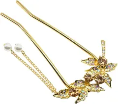 Miaomyao ミャオミャオ 簪 かんざし バチ型 和装 留袖 着物 浴衣 髪飾り 金属 アンティーク 楓 かえで リーフ フラワー パール ジルコニア U字 コーム ヘアアクセサリー(Pinkgold,  ワンサイズ)