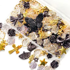【新着商品】バロック調 氷ビーズ 蝶 リボン フラワー 貝殻 （黒色×金色） パール 薔薇 ハンドメイド 手芸 デコ素材 レジンパーツ アクセサリーパーツ デコビーズ 約100個 ミックス ビーズ デコパーツ TANOKOX