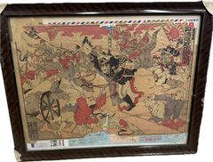 日露戦争 3枚綴り版画額 明治37年印刷 額の横幅77センチ×40センチ