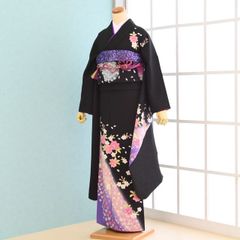 美品 振袖 黒 桜花 丹後ちりめん 金駒刺繍 身丈171cm お洒落 成人式 