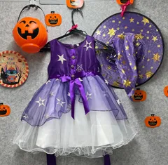 ✨新品✨キッズ ハロウィン クリスマス 魔女 子供 衣装 帽子つき 2点セット 巫女 悪魔 天使 こども バンパイア 吸血鬼 コスチューム 土れす コスプレ 女の子ドレス仮装 返送 パーティー可愛いミニドレス　パープル　130cm　0915-02