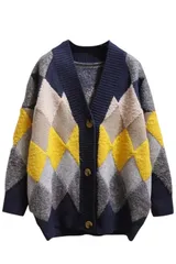 [ネコート] ニット カーディガン アーガイル セーター ボタン ボア 羽織り カジュアル 厚手 カーデ 柄 ジャケット コート ゆったり ふんわり シルエット フェミニン 着痩せ Vネック 長袖 秋 冬 トップス 上着  [ネイビー] [Free Size]