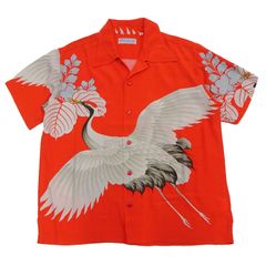 SS39277 サンサーフ スペシャルエディション 和柄 アロハシャツ ちりめん(レーヨン壁縮緬) “CRANE FLY AWAY” 鶴(ツル) 家紋(桐紋)柄 むさしや MUSA-SHIYA 東洋エンタープライズ レッド 新品  