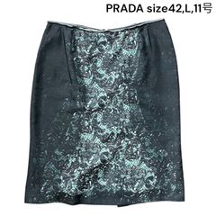●プラダ PRADA スカート 膝丈 タイト 総柄 ブラック シルク 42,L,11号 レディース S5Q537