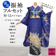 《美品》正絹 振袖フルセット M〜LLサイズ 辻が花 落款あり 成人式 青地 紺地 パールトーン加工済み 長襦袢付き お仕立て済み ネイビー ブルー シック 伝統技法 辻ヶ花 着物 豪華 古典 結納 卒業式 振袖セット 匿名配送 F602