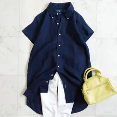 90’s美品【Ralph Laurenラルフローレン】半袖 ボタンダウンロングシャツ Lサイズ 濃紺 リネン100%