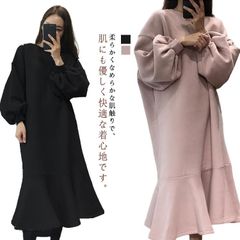 ワンピース 秋冬 マーメイドライン ぽわん袖 裾フリル 女子会 パフスリーブ クルーネック 膝下 膝丈 ぽわん袖 韓国ファッション 体型カバー 大きサイズ 無地 可愛い お洒落 膝丈 20代 30代#welle597222