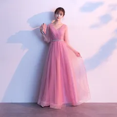 ☆ ピンク ☆ S ☆ ドレス 発表会 ドレス ロング レディース レディースドレス ロングドレス ロング丈 フォーマル パーティードレス ワンピース 発表会 イブニングドレス Vネック 大人 上品 エレガント パーティー イベント お呼ばれ 謝恩会