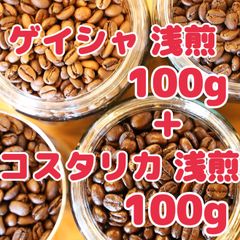 自家焙煎珈琲豆！ゲイシャ浅煎り100gとコスタリカ浅煎り100gの組み合わせです！さわやか！はなやか！まろやか！素敵な珈琲Timeをお楽しみ下さい♩